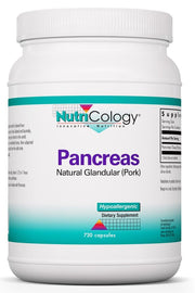 Nutricology Pancreas supplement bottle shown for digestive support.