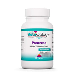 Nutricology Pancreas Pork capsule bottle on shelf indicating digestive enzyme support