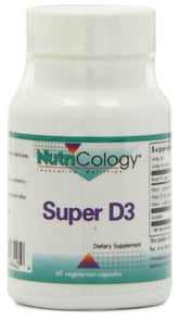 Nutricology Super D3 bottle front shows packaging highlighting bone and immune support.