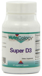 Nutricology Super D3 bottle front shows packaging highlighting bone and immune support.