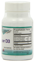Nutricology Super D3 bottle label closeup emphasizes vitamin D3 content for daily wellness.