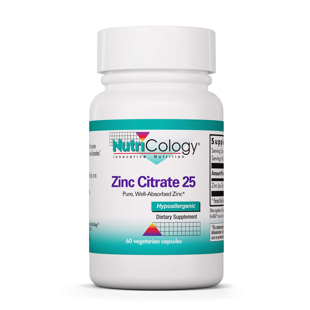 Nutricology Zinc Citrate bottle showing 60 vegetarian capsules for daily immune support