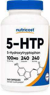 Nutricost 5-HTP bottle front for daily wellness and easy dosage.