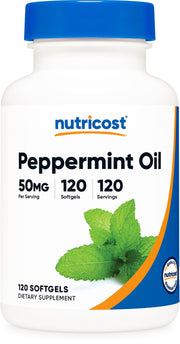 Nutricost cápsulas blandas de aceite de menta, botella visible, apoyo digestivo suave.