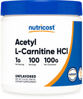 Nutricost Acetyl L-Carnitine HCI 100 g container with scoop for easy daily dosing.