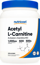Nutricost Acetyl L-Carnitine powder bottle, 500 g, for daily use.