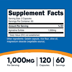 Nutricost Agmatine Sulfate capsules close-up highlighting 60 servings per bottle.