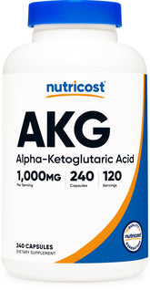 Nutricost AKG 1000mg capsules label highlights potency and serving size