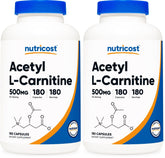 Nutricost Acetyl L-Carnitine 500mg bottle shows easy-to-swallow capsules for daily use.