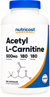 Nutricost Acetyl L-Carnitine 500mg capsules closeup for daily energy support.