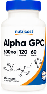 Nutricost Alpha GPC bottle front view highlighting dosage and quality.