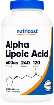 Nutricost Alpha Lipoic Acid 600mg bottle label for antioxidant support