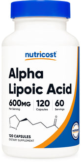 Nutricost Alpha Lipoic Acid bottle front displays high-potency 600 mg per serving