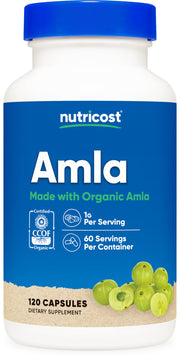 Nutricost Amla bottle front showing organic, plant-based daily supplement.