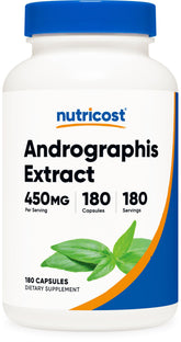 Nutricost Andrographis 450mg bottle front view for daily capsule routine.