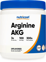 Nutricost Arginine AKG powder bottle showing 3 g serving size for simple dosing.