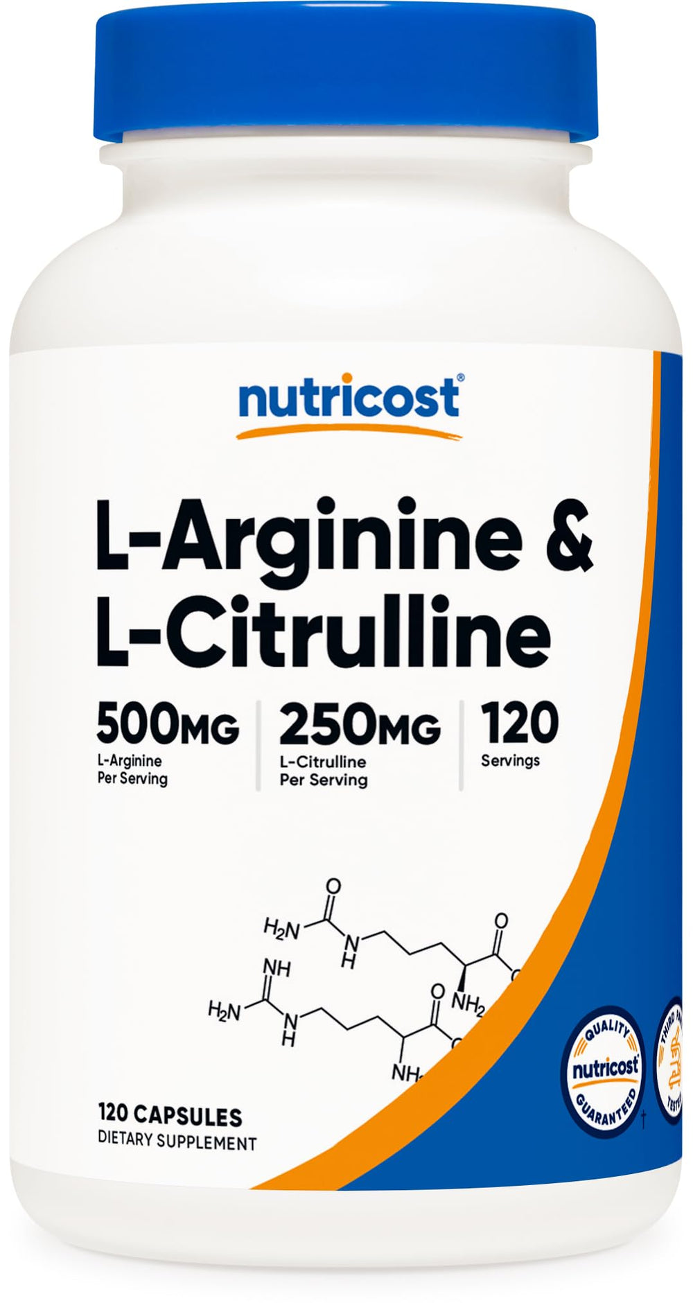 Nutricost L-Arginine L-Citrulline bottle shows GMP quality and purity.