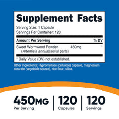Nutricost Artemisa 450 mg, cápsulas apiladas para la rutina diaria.