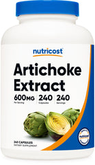 Nutricost Artichoke Extract 600mg capsule close-up highlighting the 5% Cynarin standard.