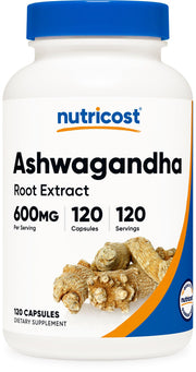 Nutricost Ashwagandha bottle front view for daily wellness support.