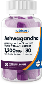 Nutricost Ashwagandha Gummies bottle with mixed berry flavor for daily use.