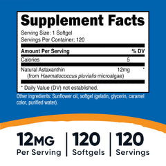 Nutricost Astaxanthin 12mg bottle front label highlighting non-GMO and gluten-free status