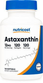 Nutricost Astaxanthin 12mg bottle with softgels for daily supplementation