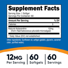Nutricost Astaxanthin 12mg softgels label shows non-GMO and gluten-free formula.