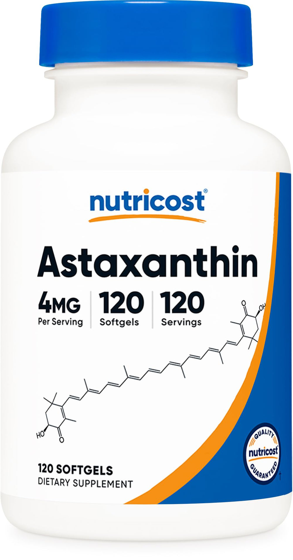 Nutricost Astaxanthin 4mg bottle showing easy-to-swallow capsules for daily wellness.