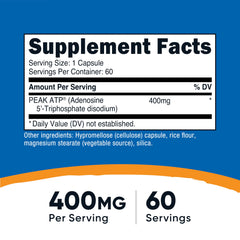 Nutricost ATP capsules close-up showing 400mg per serving.