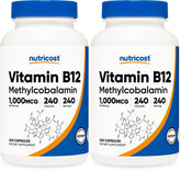 Nutricost B12 1000mcg bottle shows vegetarian, gluten-free formula for daily wellness.