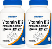 Nutricost B12 1000mcg bottle shows vegetarian, gluten-free formula for daily wellness.