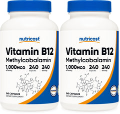 Nutricost B12 1000mcg bottle shows vegetarian, gluten-free formula for daily wellness.