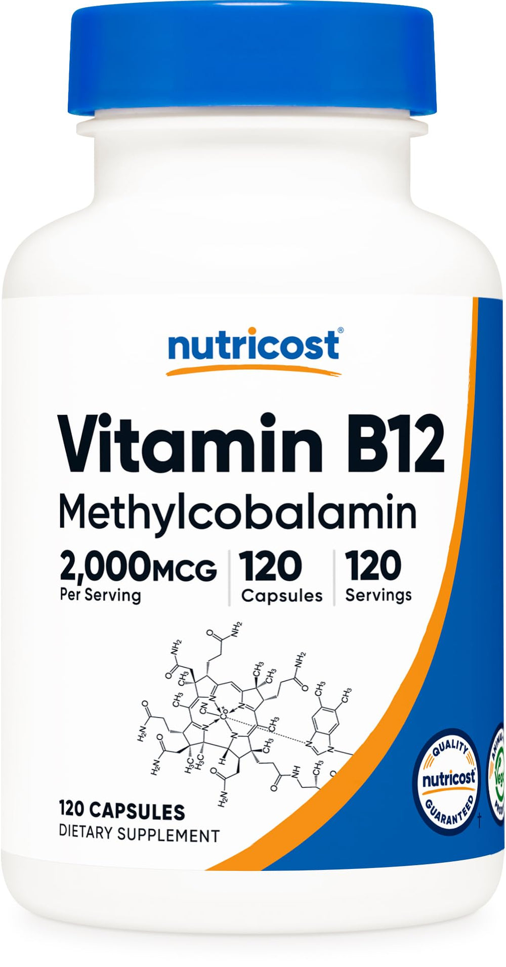 Nutricost B12 methylcobalamin 2000mcg capsules front view supports daily vegetarian supplementation.