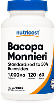 Nutricost Bacopa Monnieri 1000mg bottle for potential daily focus support
