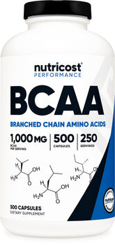 Nutricost BCAA 1000mg bottle with a clear label, supporting muscle recovery during training.