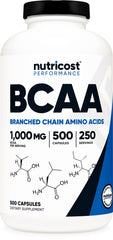 Nutricost BCAA 1000mg bottle with a clear label, supporting muscle recovery during training.