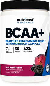 Nutricost BCAA Active bottle front with Blackberry Plum flavor for refreshing hydration.