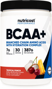Nutricost BCAA + Hydration Tropical Punch bottle with scoop for workout hydration and recovery.
