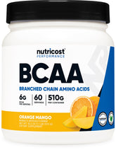 Nutricost BCAA Orange Mango tub with label, convenient amino acid source for workouts.