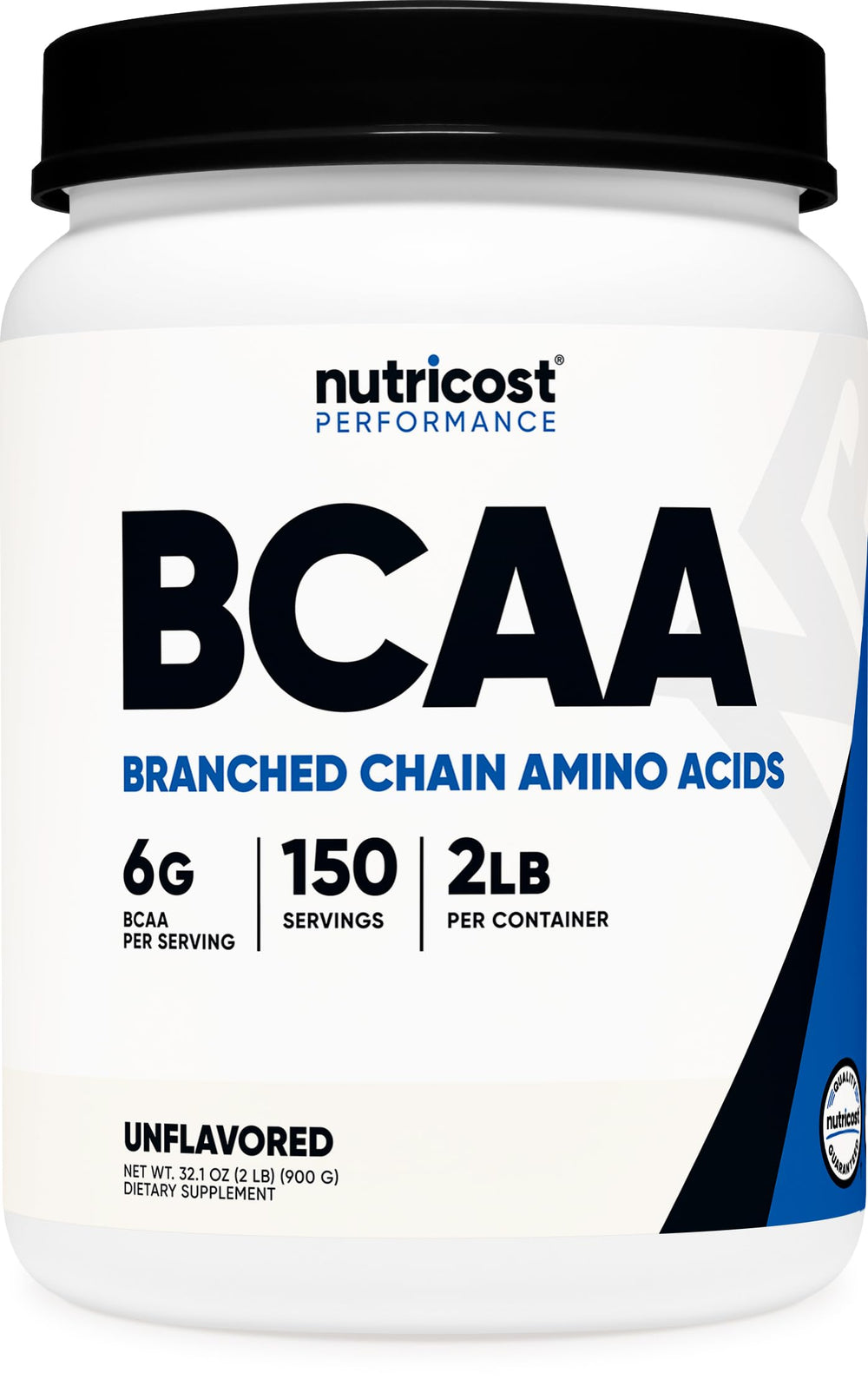 Nutricost BCAA Powder bottle with unflavored formula for zero-calorie amino support during workouts.
