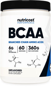 Nutricost BCAA powder bottle shows vegetarian, gluten-free formula for active lifestyles.