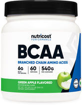 Nutricost BCAA Powder bottle pour for pre-workout hydration and amino support.