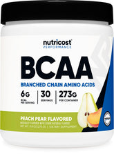 Nutricost BCAA Powder Peach Pear front label shows gluten-free vegetarian formula for daily use