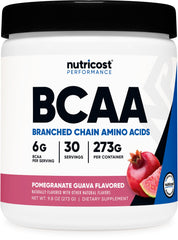 Nutricost BCAA Powder bottle with Pomegranate Guava flavor for post-workout support.
