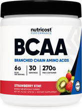 Nutricost BCAA Powder bottle with Strawberry Kiwi flavor for post-workout recovery.