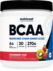 Nutricost BCAA Powder bottle with Strawberry Kiwi flavor for post-workout recovery.