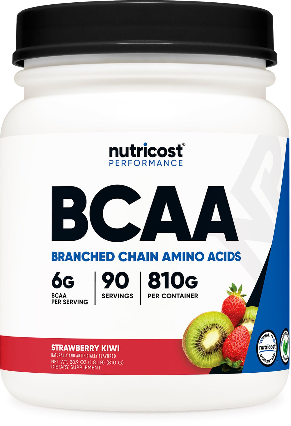 Nutricost BCAA Powder Strawberry Kiwi bottle shows 6g BCAAs per serving for workout recovery