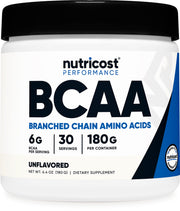 Nutricost BCAA Powder front view bottle for workouts and recovery.