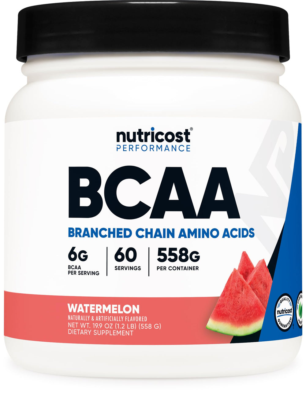 Nutricost BCAA Watermelon powder tub front view showing the product label for workout support